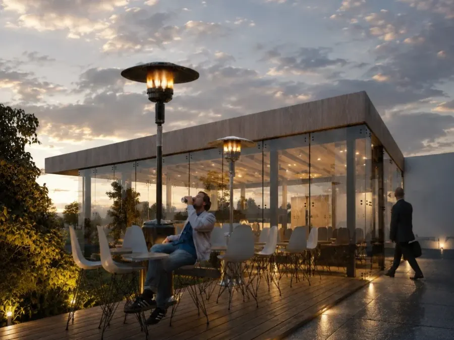 Terrazas y Espacios Abiertos — Pabellón Acristalado y Terraza Nocturna