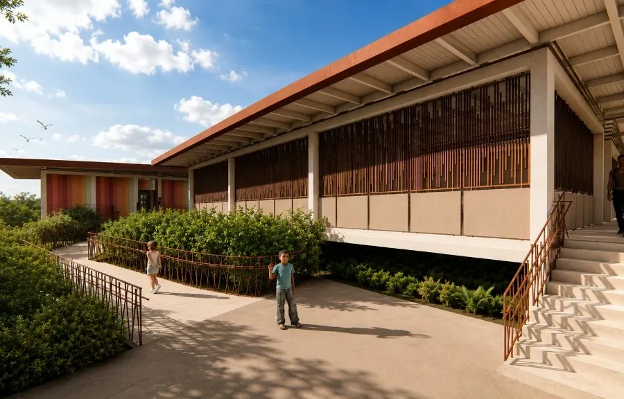 Terrazas y Espacios Abiertos — Plazoleta Abierta, Senderos y Celosías Arquitectónicas